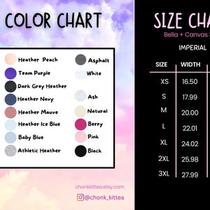 May include: Colour chart with 10 different colour swatches and a size chart for Bella + Canvas 3001 t-shirts. The size chart shows measurements in inches for XS, S, M, L, XL, 2XL, and 3XL.