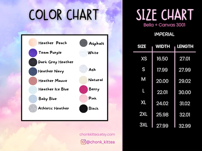 May include: Colour chart with 10 different colour swatches and a size chart for Bella + Canvas 3001 t-shirts. The size chart shows measurements in inches for XS, S, M, L, XL, 2XL, and 3XL.
