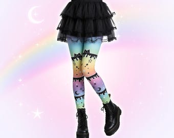 Harajuku Cat Rainbow Leggings, Pastel Goth Decora Kei Yami Kawaii Clothes Creepy Cute Japanese Fashion Yamikawaii Star Kitty Tights Cutecore