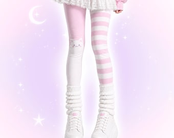 Yume Kawaii Cat Leggings, Pastel Harajuku Fairy Kei Leggings, Decora Kei Jojifuku Cute Japanese Streetwear, Pink Cutecore Kidcore Kawaiicore