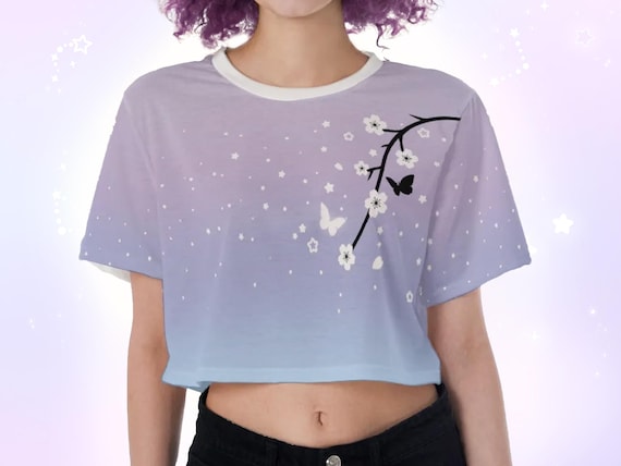Pastel Aesthetic Cute Sakura Crop Top Fairy Kei Butterfly White Cherry Blossom Cropped Shirt Yume Kawaii Celestial Lilac Japanese Flower Her