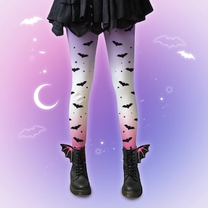 Pastel Goth Bats Leggings, Cute Harajuku Alt Fashion, Alternative Jfashion Yami Kawaii Tights Star Japanese Streetwear Soft Grunge Emo Girl