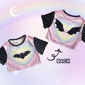 Bat Wings Pastel Goth Crop Shirt, 100% Cotton Yami Kawaii Rainbow Heart Cropped T-Shirt, Soft Gothic Japanese Harajuku Spooky Cute Halloween