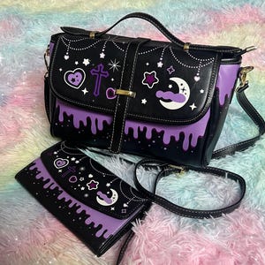 Drippy Pastel Goth Hand Bag and Wallet Set, Yami Kawaii Star Moon Cute Gothic Satchel Bag, Black Purple Witchy Alt Aesthetic Purse Crossbody