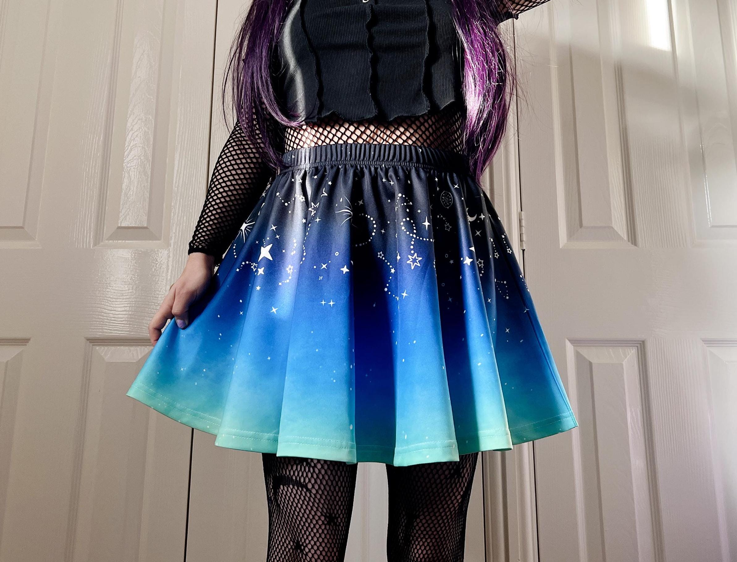 Celestial Space Blue Skirt, Pastel Goth Starry Constellation