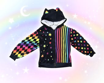 Rainbow Cat Ears Clown Hoodie, Lightweight Harajuku Clowncore Jacket, Alternative Decora Kei Kidcore Hoody, Cute Alt Colorful Circus Coat