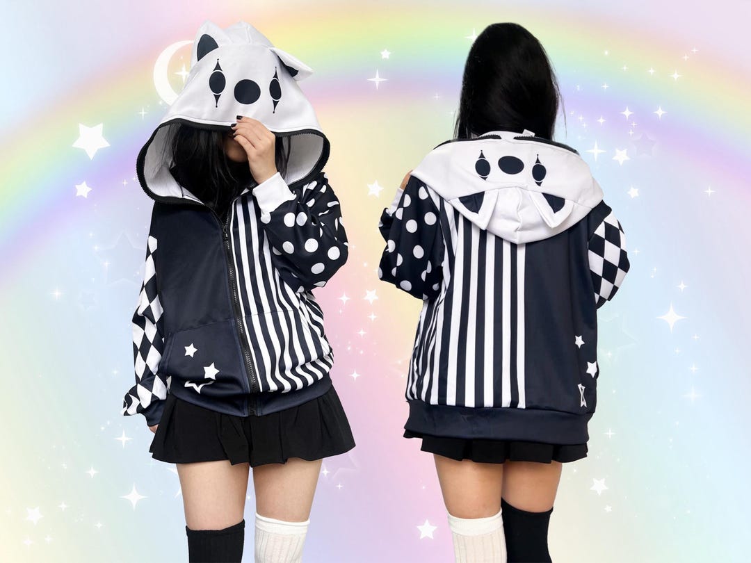 Goth Clown Cat Ears Hoodie, Lightweight Black and White Dark Clowncore ...