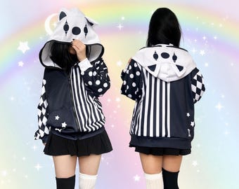 Goth Clown Cat Ears Hoodie, Lightweight Black and White Dark Clowncore Jacket, Alternative Kidcore Hoody, Monochrome Gothic Coat Alt Fashion