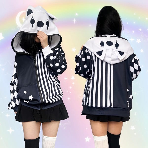 Goth Clown Cat Ears Hoodie, Lightweight Black and White Dark Clowncore Jacket, Alternative Kidcore Hoody, Monochrome Gothic Coat Alt Fashion