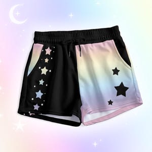 Pastel Goth Rainbow Shorts with Pockets, Cute Harajuku Alt Japanese Streetwear, Decora Kei J fashion Starry Yami Kawaii Colorful Emo Scene