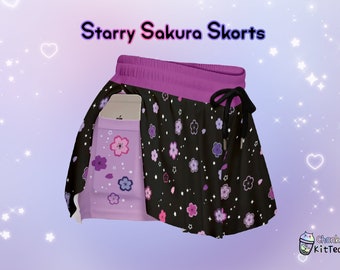 Starry Pastel Goth Sakura Skorts Celestial Yami Kawaii Stretchy Flowy Shorts with Pockets Alt Japanese Aesthetic Flower Cute Sport Shorts