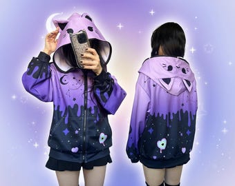Purple Pastel Goth Cat Ears Hoodie, Lightweight Drippy Stars Jacket Yami Kawaii Kitty Hoody Cute Japanese Streetwear Aesthetic Alt J Fashion