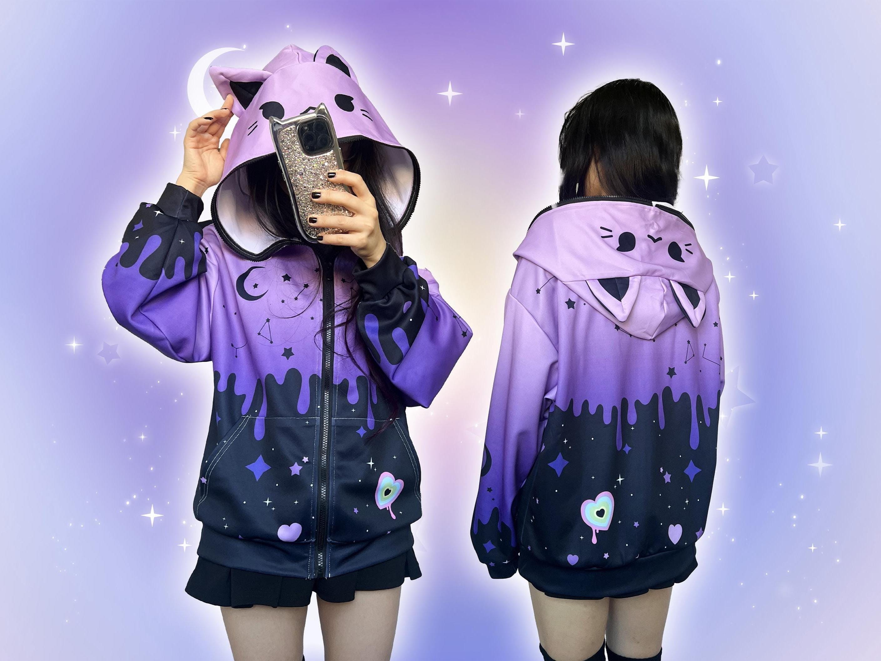 Purple Pastel Goth Cat Ears Hoodie, Lightweight Drippy Stars