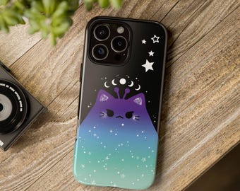 Moon Phase Alien Cat Tough Case for iPhone 16 15 14 13 Galaxy Google Pixel Celestial Yami Kawaii Cute Kitty Thick Hard Phone Case Space Star