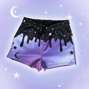Purple Pastel Goth Shorts with Pockets, Drippy Starry Harajuku Shorties J fashion, Cute Japanese Streetwear, Moon Stars Yami Kawaii Shorts