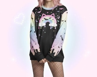 Pastel Goth Cat Bat Sweatshirt, Lightweight Yami Kawaii Sweater, Creepy Cute Harajuku Japanese Streetwear, Decora Kei Rainbow Kitty Jumper