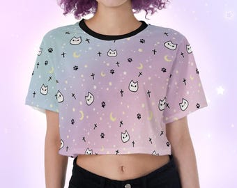 Harajuku Pastel Goth Moon Cat Crop Top Celestial Yume Kawaii Cute Cropped Shirt Starry Kitty Jfashion Japanese Decora Aesthetic Loose Tshirt