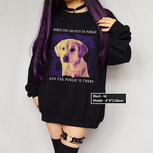 a girl wearing a black an oversized sweatshirt with the text WHEN YOU GO OUT IN PUBLIC AND THE PUBLIC IS THERE
the graphic is a golden retriever dog in public,  in style of vintage, in yellow and purple tones
