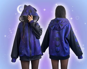 Celestial Galaxy Cat Ears Hoodie, Harajuku Lightweight Moon Phase Kitty Hoody Jacket Purple Cosmic Star Pastel Goth Yami Kawaii Space Jacket