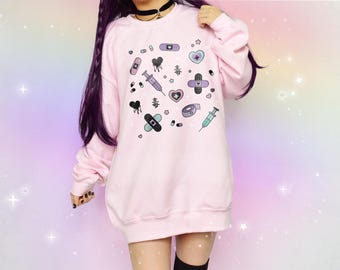 Poison Menhera Kei Sweatshirt, Harajuku Pastel Goth Sweater, Pills Syringe Creepy Cute Yami Kawaii Clothing, Yamikawaii Japanese Streetwear