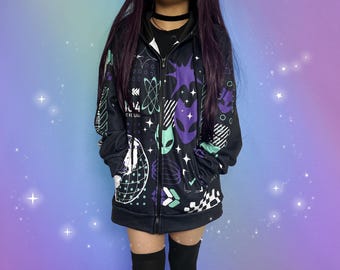 Sci-fi Alien Cat Hoodie w/ Zipper Retro Futuristic Cyberpunk Kitty Jacket Nerdy Cute Space Zip Up Hoody Science Fiction Tech Geek Cyber Girl