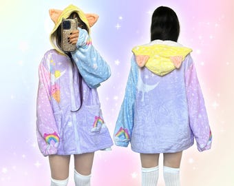 Fluffy Yume Kawaii Cat Ears Jacket, Ice Cream Kidcore Bunny Hoodie, Harajuku Colorblock Hoody, Colorful Fairy Kei Pastel Goth Coat, Cutecore