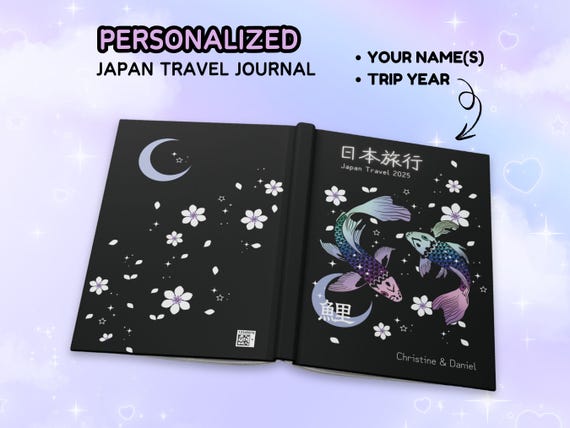 Personalized Japan Travel Journal Hardcover Koi Fish Custom Kawaii Traveler Notebook Japan Trip Planner Diary Couple Vacation Honeymoon Gift