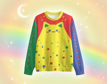 Harajuku Cat Clown Sweatshirt, Colorful Clowncore Sweater, Cutecore Kitty Kidcore Jumper, Decora Kei Japanese Streetwear, Kawaiicore Circus