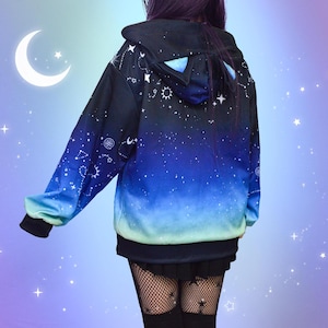 Celestial Cat Ears Hoodie, Lightweight Harajuku Mystic Constellations Starry Night Alt Jacket, Yami Kawaii Kitty Hoody, Cute Pastel Goth Top