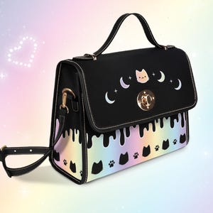 Pastel Goth Kawaii Cat Bag, Drippy Yami Kawaii Rainbow Purse, Cute Harajuku Moon Phase Kitty Decora Kei Handbag, J-fashion Alt Messenger Bag
