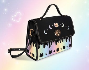 Pastel Goth Kawaii Cat Bag, Drippy Yami Kawaii Rainbow Purse, Cute Harajuku Moon Phase Kitty Decora Kei Handbag, J-fashion Alt Messenger Bag