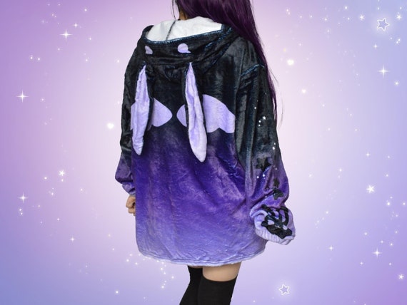 Fluffy Harajuku Purple Bunny Ear Hoodie With Wings Yami Kawaii