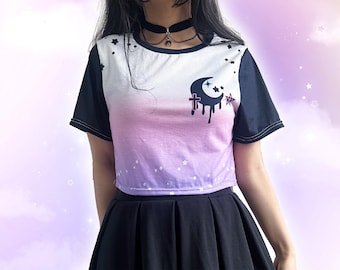 Pastel Goth Crop Top Yami Kawaii Trippy Moon Cropped Shirt Starry Creepy Cute Fairy Kei Pink Gradient Aesthetic Crop T-Shirt Yume Kawaii Top