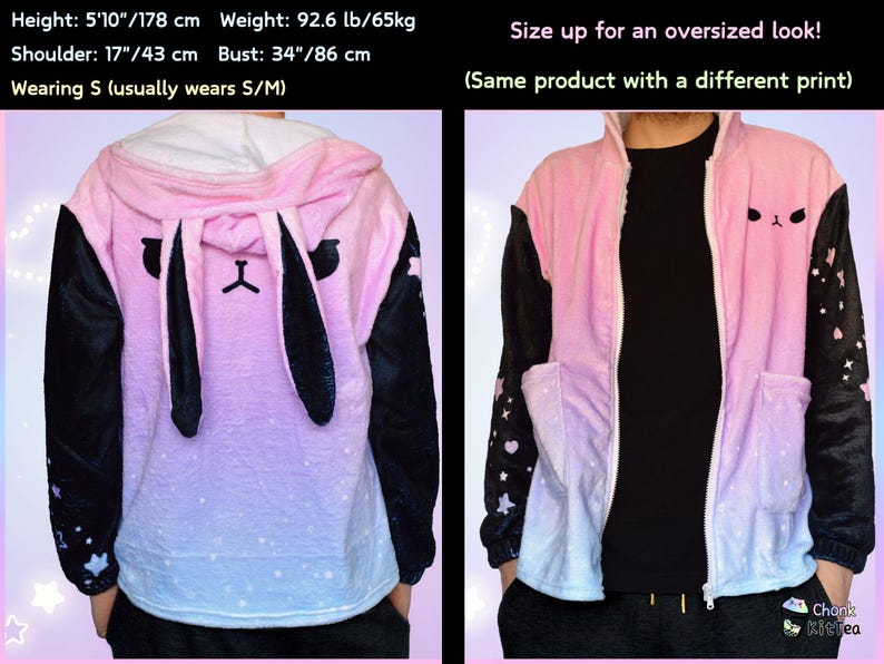 May include: Pink and blue ombre hoodie with black sleeves and a black bunny face on the front. The hoodie has a zipper closure and a hood with bunny ears. The hoodie is decorated with white stars.
