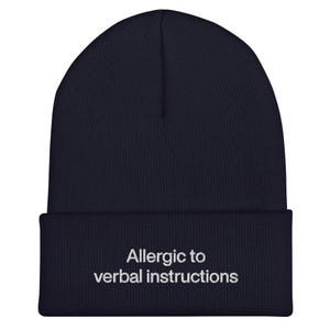 Allergic To Verbal Instructions Beanie, Embroidered ADHD Funny Gift, Mental Health Meme Joke, Neurospicy Sarcastic Hat, Neurodiversity Humor