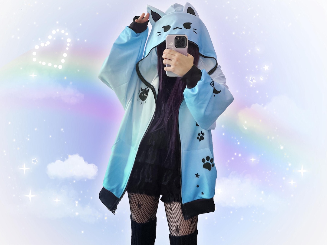 Blue Pastel Goth Cat Ears Hoodie W/ Zipper Lightweight Harajuku