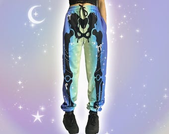 Harajuku Space Skeleton Sweatpants, Pastel Goth Galaxy Yami Kawaii Pants, Decora Kei Yamikawaii Japanese Streetwear, Rave Festival Joggers