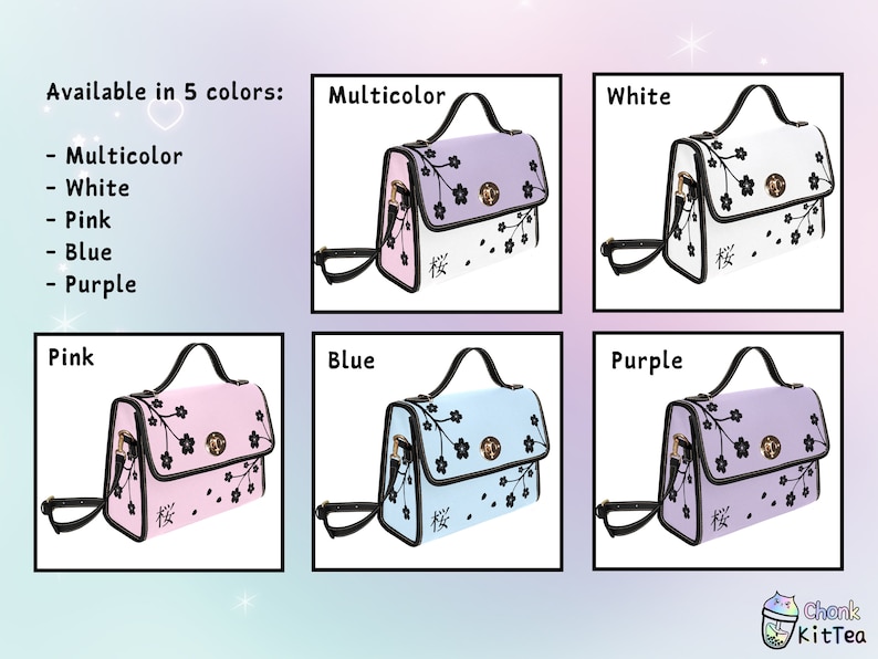 May include: Five different colored satchel handbags with a floral design and a black strap. The handbags are available in multicolor, white, pink, blue, and purple.