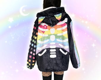 Harajuku Gamer Cat Ears Hoodie, Pastel Goth Lightweight Skeleton Jacket Yami Kawaii Kitty Rib Cage Hoody Cute Decora Kei Japanese Streetwear