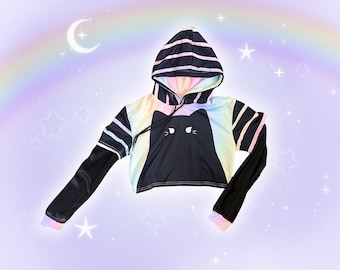 Yami Kawaii Black Cat Hoodie, Mesh Sleeve Cute Rainbow Harajuku Crop Hoodie, Colorful Pastel Goth Top, Japanese Streetwear Decora Kei Hoody