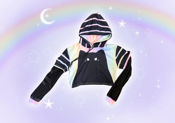 Yami Kawaii Black Cat Hoodie, Mesh Sleeve Cute Rainbow Harajuku Crop Hoodie, Colorful Pastel Goth Top, Japanese Streetwear Decora Kei Hoody
