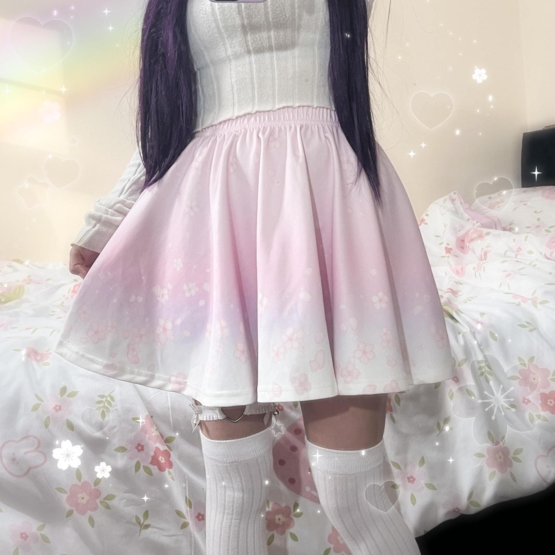 Pastel Pink Sakura Cute Skirt Celestial Floral Yume Kawaii Flare Skirt Harajuku Fairy Kei Japan Aesthetic Cherry Blossom Flower Skater Skirt