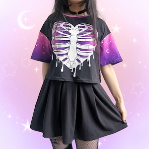 Pastel Goth Rib Cage Crop Top, 100% Cotton Yami Kawaii Skeleton Cropped Shirt, Creepy Cute  Menhera Japanese Streetwear, Spooky Cute Zombie