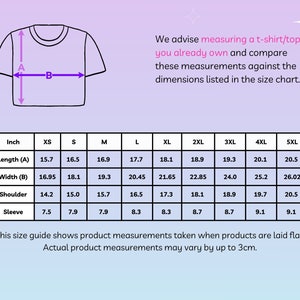 May include: Size chart for a t-shirt or top, showing measurements in inches for XS, S, M, L, XL, 2XL, 3XL, 4XL, and 5XL. Measurements include length, width, shoulder, and sleeve.