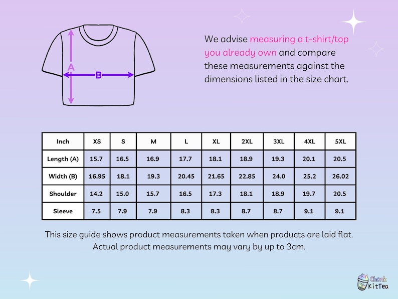 May include: Size chart for a t-shirt or top, showing measurements in inches for XS, S, M, L, XL, 2XL, 3XL, 4XL, and 5XL. Measurements include length, width, shoulder, and sleeve.