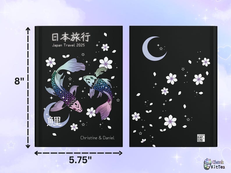 May include: A black journal with a Japanese design featuring two koi fish, cherry blossoms, and a crescent moon. The text "日本旅行" (Japan Travel) and "Japan Travel 2025" are printed on the front cover. The journal measures 8 inches by 5.75 inches.