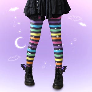 Pastel Goth Bats Rainbow Leggings, Cute Harajuku Alt Fashion, Alternative J fashion Starry Yami Kawaii Tights Star Colorful Stripes Emo Girl