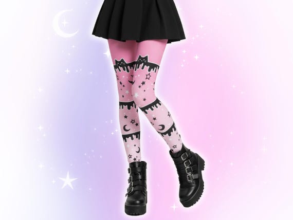 Drippy Yami Kawaii Cat Leggings, Pastel Goth Harajuku Cutecore, Creepy Cute Japanese Streetwear, Yamikawaii Starry Kitty Tights Stars Hearts