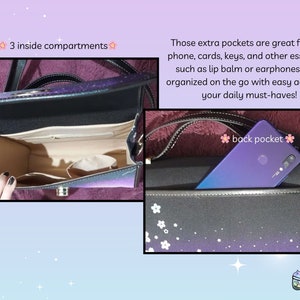 May include: A black and purple galaxy print handbag with a zipper closure and a back pocket. The bag has three inside compartments and a back pocket that can fit a phone. The text "3 inside compartments" and "back pocket" are written on the image.