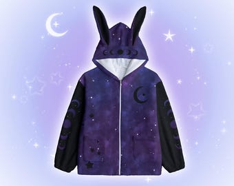 Fluffy Galaxy Bunny Ears Jacket, Purple Cosmic Moon Phase Cat Hoody, Pastel Goth Yami Kawaii Space Star Kitty Ears Jacket, Harajuku Japanese